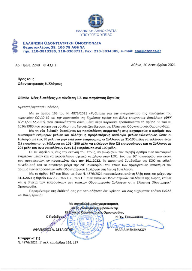 Nέες διατάξεις για σύνθεση Γ.Σ. Ε.Ο.Ο. και παράταση θητείας.